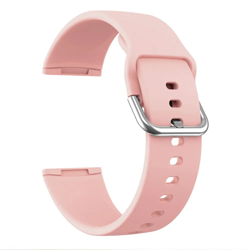 Solid colour silicone strap with silver buckle for Fitbit Versa 3 and Sense 2 watches.