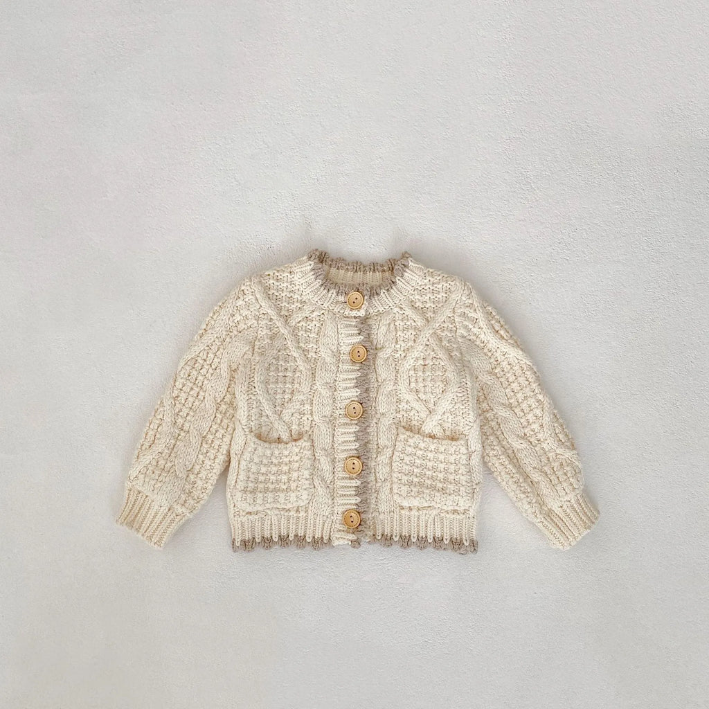 Girls' fashion personality round neck knitted coat in solid colour Apricot White cotton for toddlers