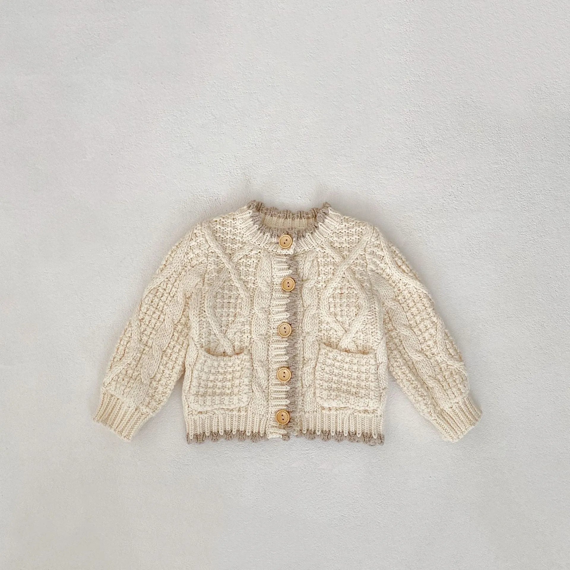 Girls' fashion personality round neck knitted coat in solid colour Apricot White cotton for toddlers