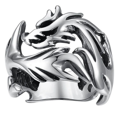 Adjustable Chinese dragon ring with luminous pattern in antique silver blue and green