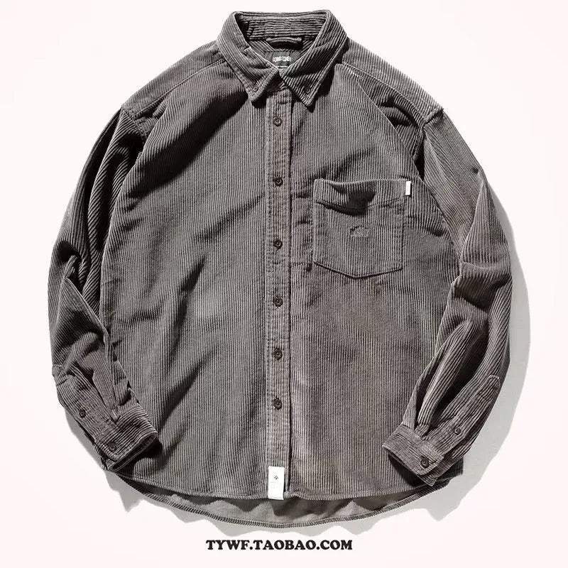 Long sleeve corduroy shirt in loose Japanese Hong Kong streetwear cardigan style