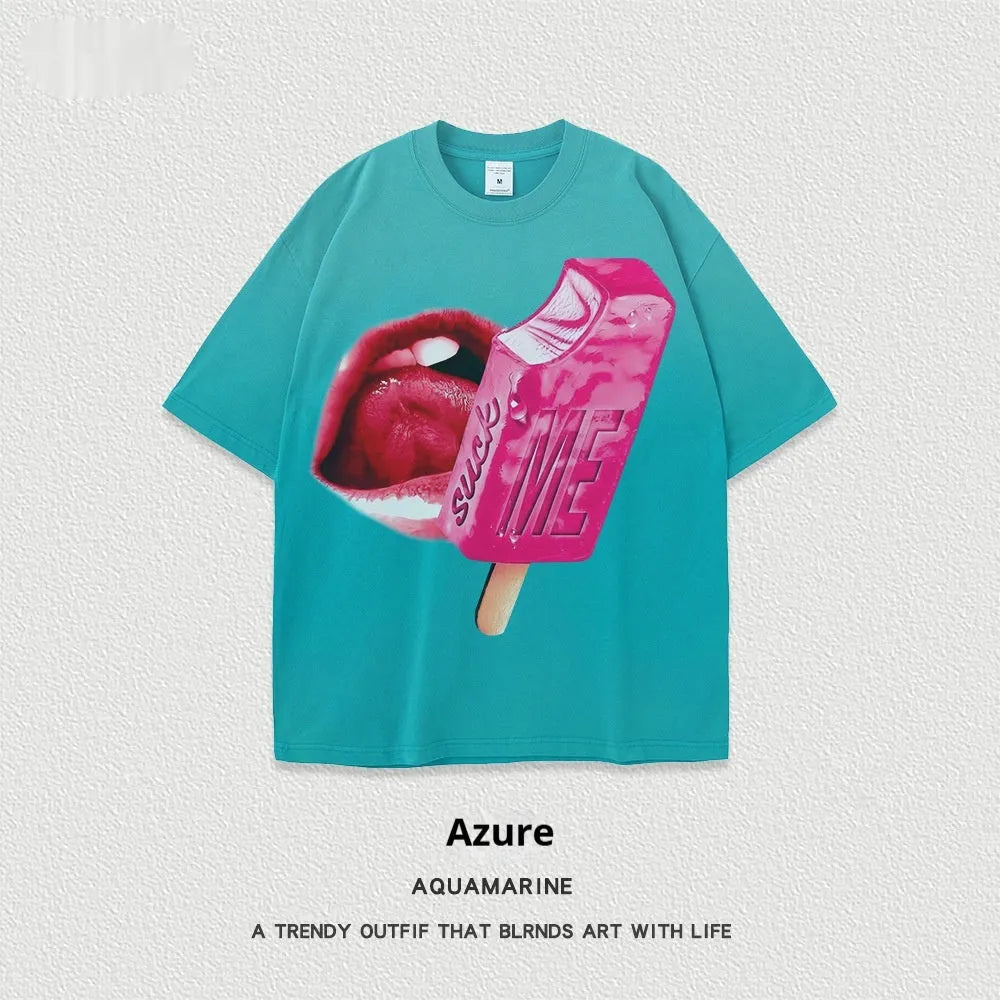 Loose fit heavy washed cotton t-shirt with a cartoon print on the front, shown in a selected colour.