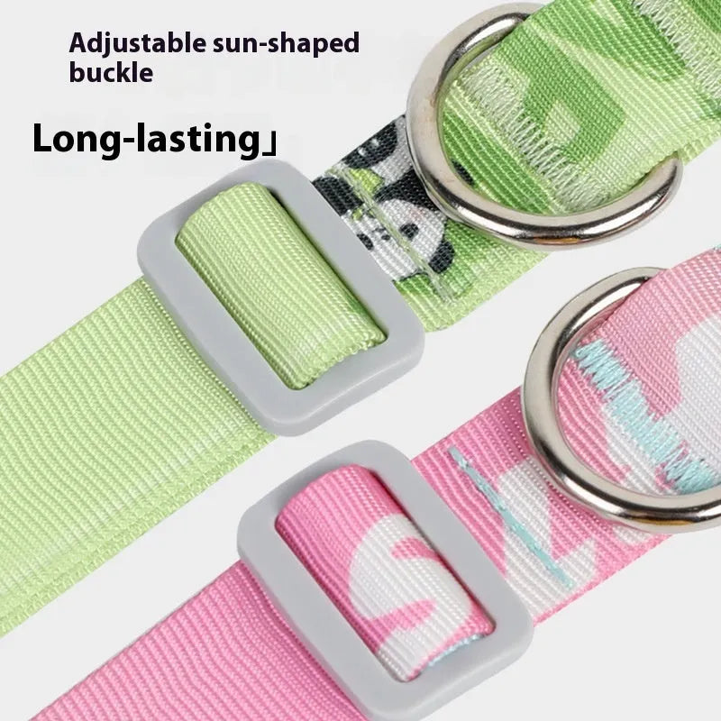 Adjustable nylon dog collar with cartoon gradient pattern in panda green colour showing plastic buckle closure