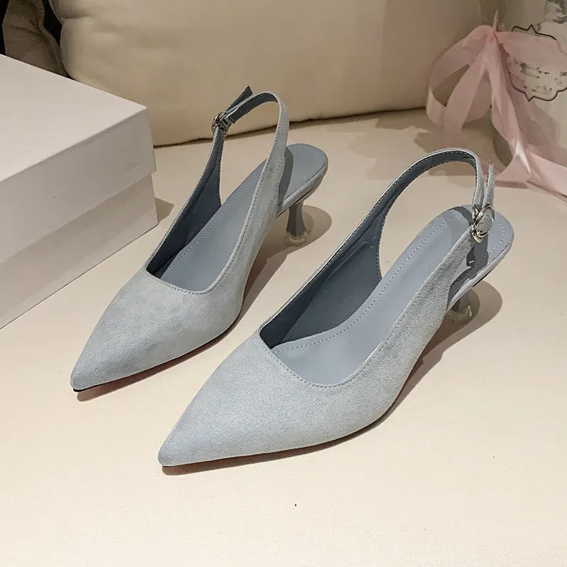 Women's stiletto heels with pointed toe in pink, blue, yellow, and apricot colours