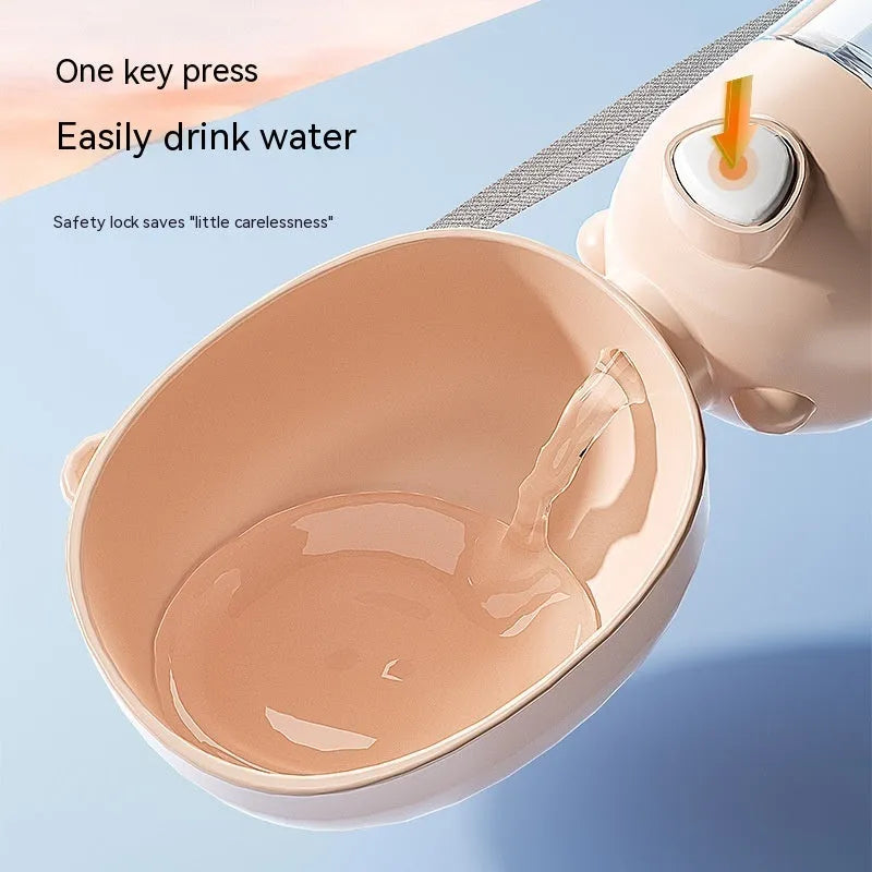3086 model portable dog water bottle and feeder bowl in yellow, pink, or brown colour.