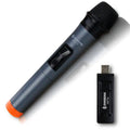 Black V12 handheld dynamic microphone with USB receiver and audio cable for computer and amplifier connection