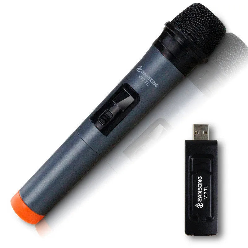 Black V12 handheld dynamic microphone with USB receiver and audio cable for computer and amplifier connection
