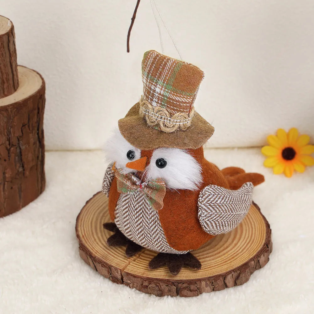 Thanksgiving owl bird ornament in orange or green polyester cloth as a window pendant.