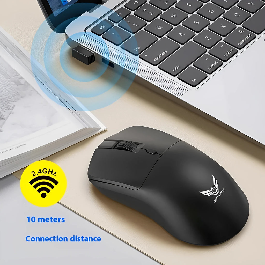 Black wireless optical mouse with audio control buttons and DPI adjustment for laptop computers