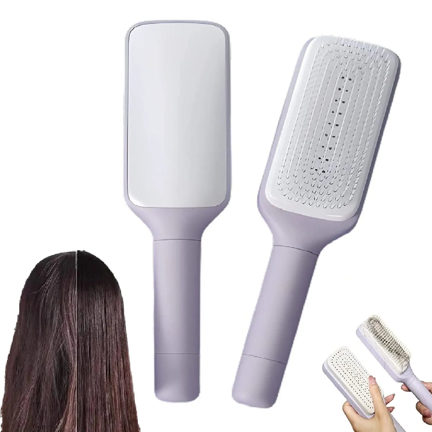 Roland purple and lunar rock grey self-cleaning hair brush with anti-static massage comb teeth.