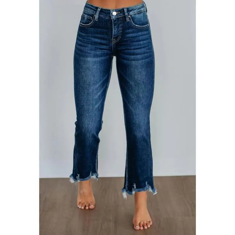 Women's casual denim pants with hand-worn distressing in dark blue or light blue solid colours