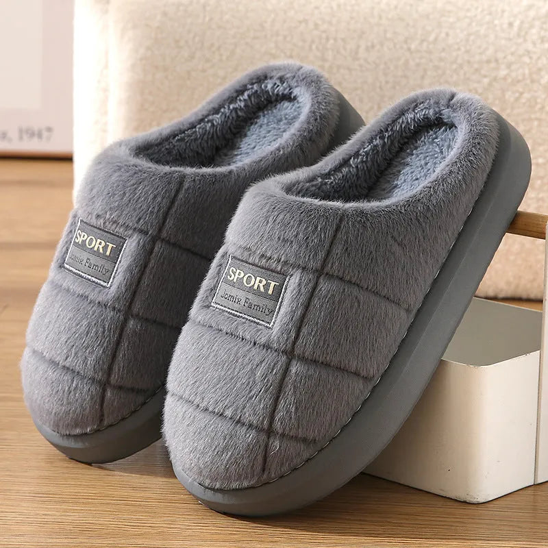Men's brown rabbit hair winter slippers with thick EVA soles and artificial wool lining