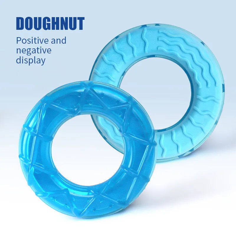 Set of three water-filled ice dog toys: a pacifier, a popsicle, and a ring cooling chew toy