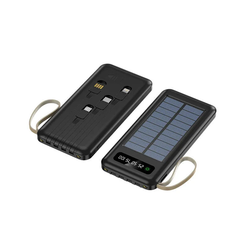 Black or white solar power bank with built-in panel showing capacity options of 20000mAh and 30000mAh.