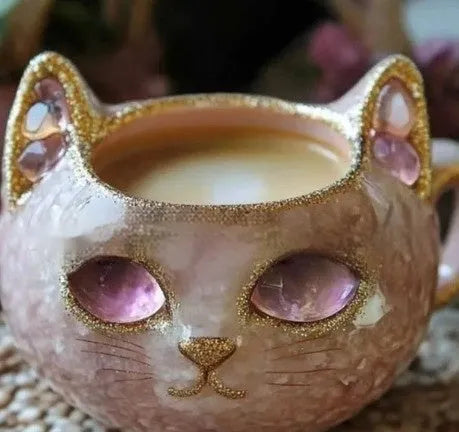 Purple resin geode mug with crystal pattern and cat decoration measuring 11cm height