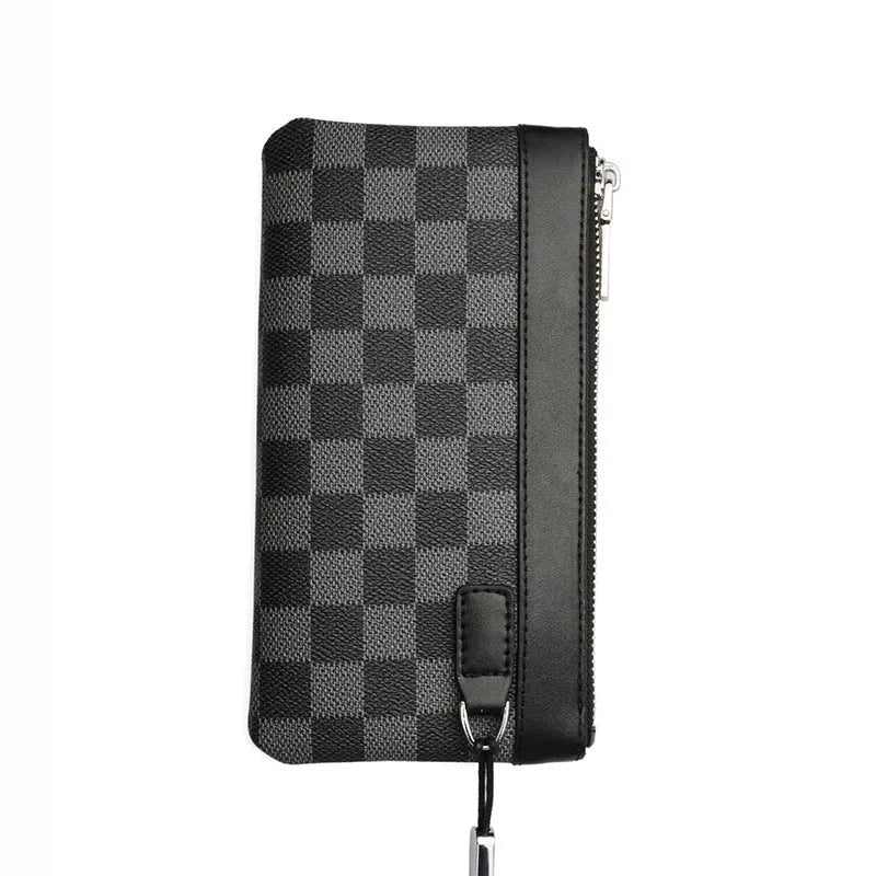 Men's black genuine leather clutch wallet showing 20 by 10 cm dimensions.