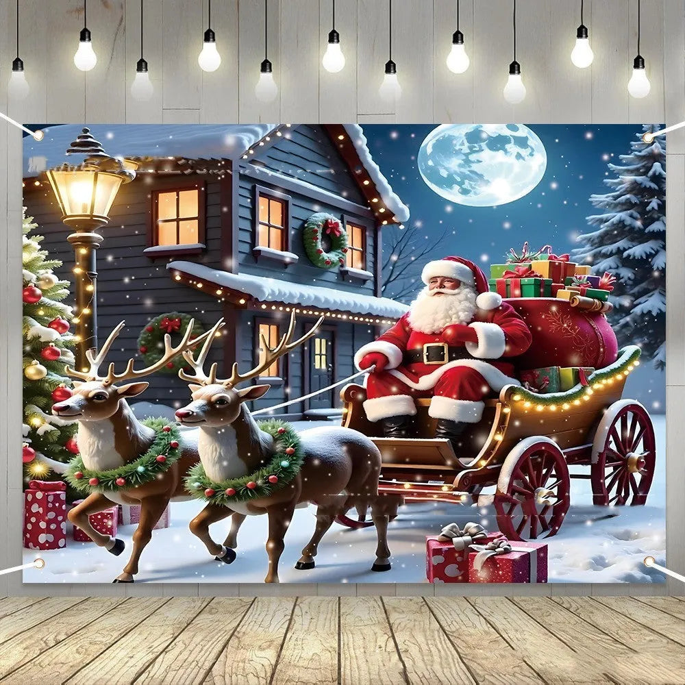 Large red Christmas banner with Santa Claus and gifts measuring 210x150 cm