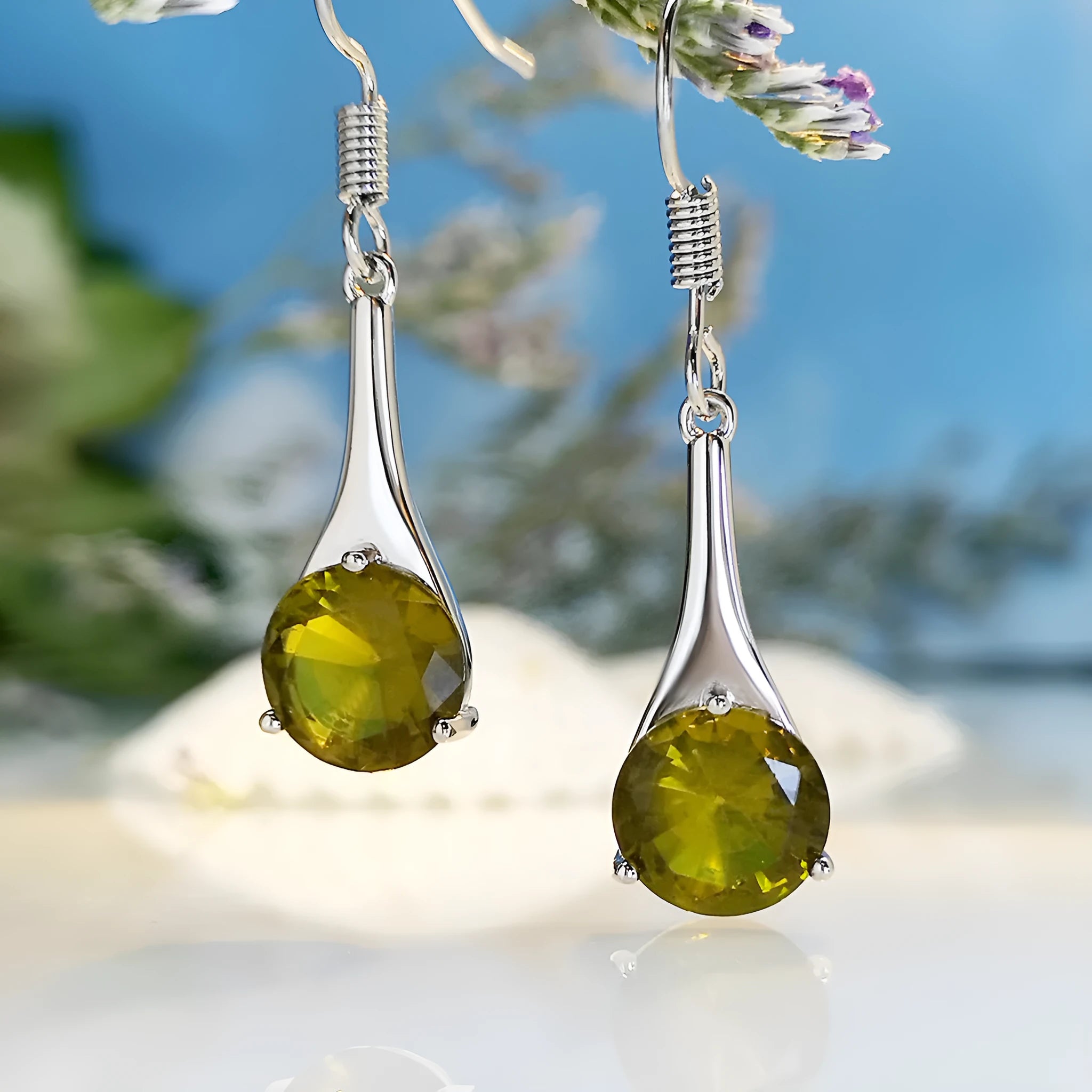 Olive green topaz water drop shaped alloy earrings with electroplated finish