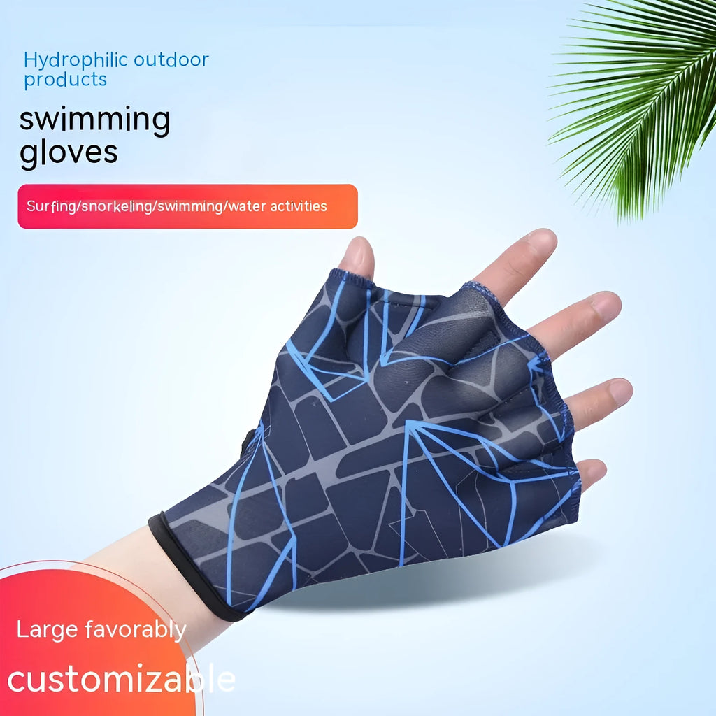Outdoor swimming gloves with green duck feet webbing between fingers for water sports.