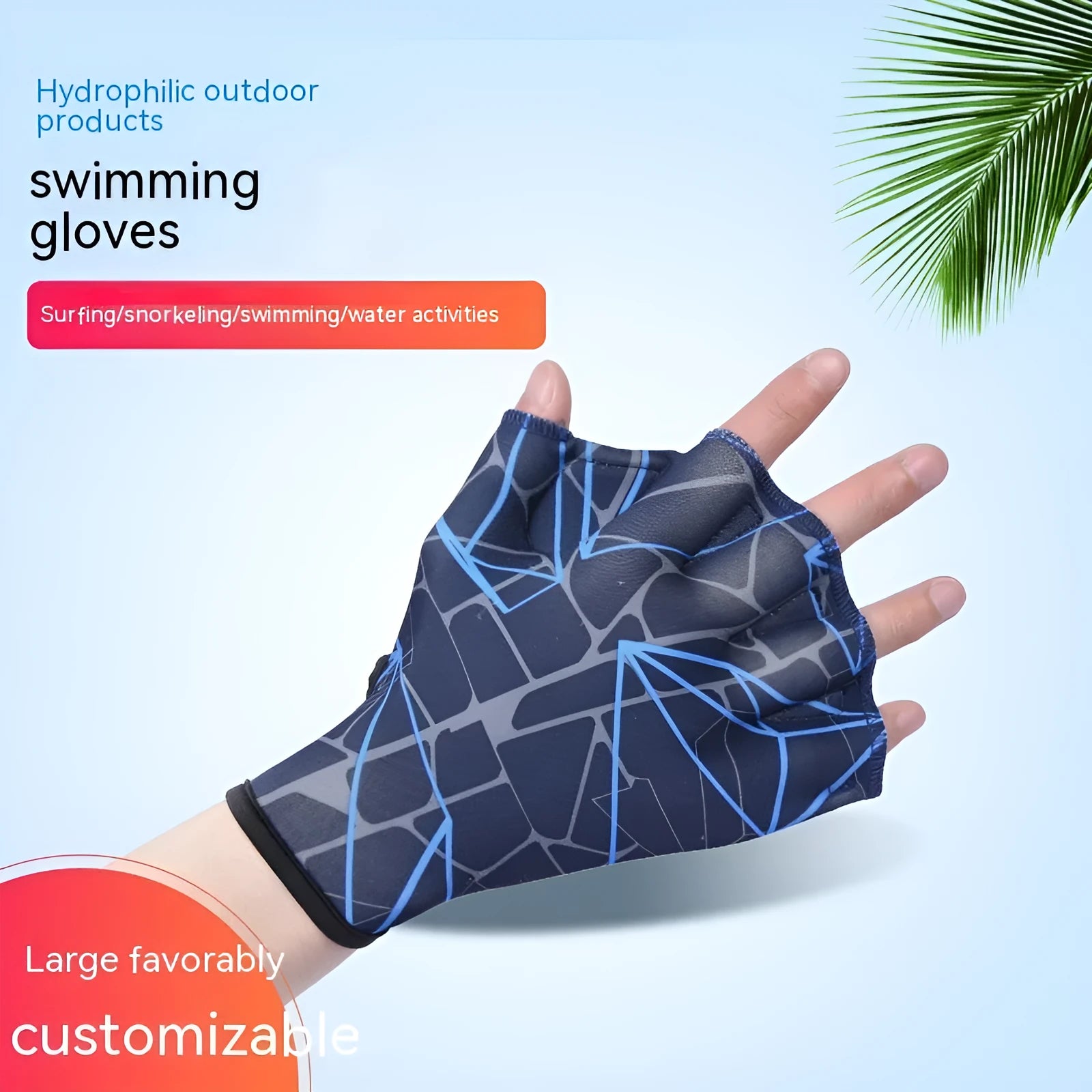 Outdoor swimming gloves with green duck feet webbing between fingers for water sports.