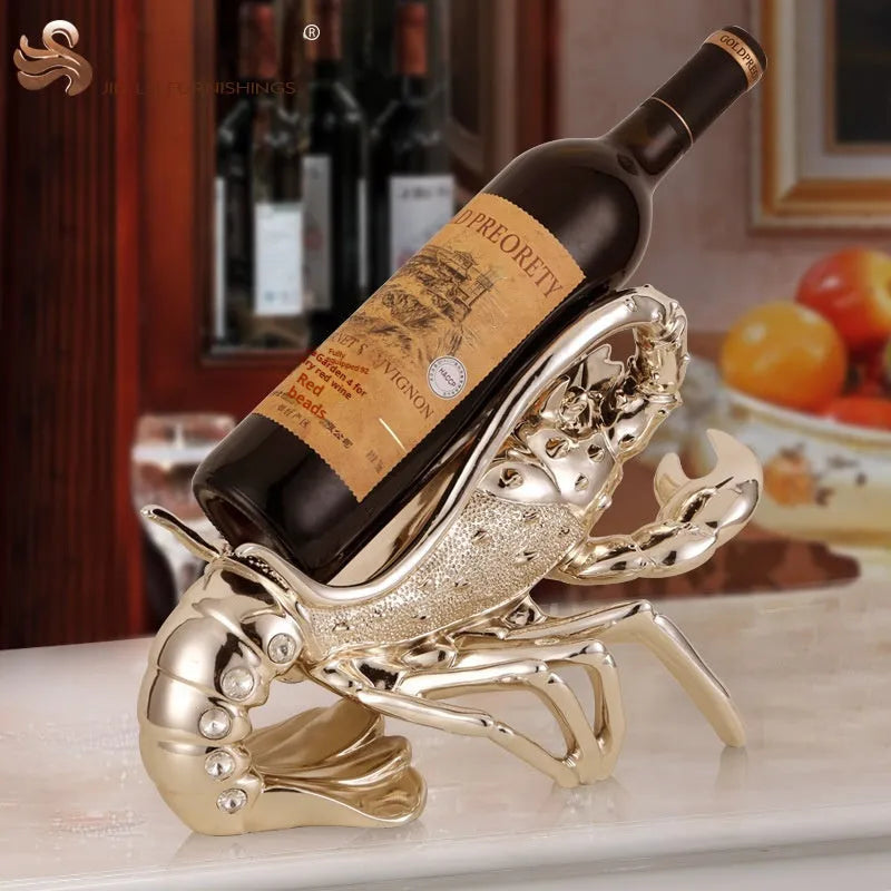 Lobster-shaped wine rack ornament in rose gold or silver, holding a single bottle.