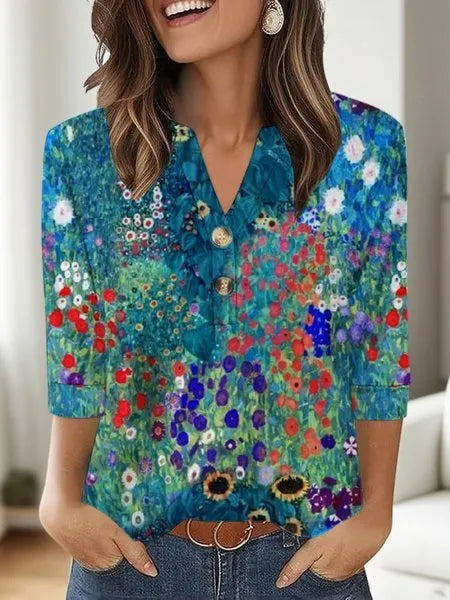 Women's casual V-neck t-shirt with 3D printed pattern showing loose-fit Asian sizing