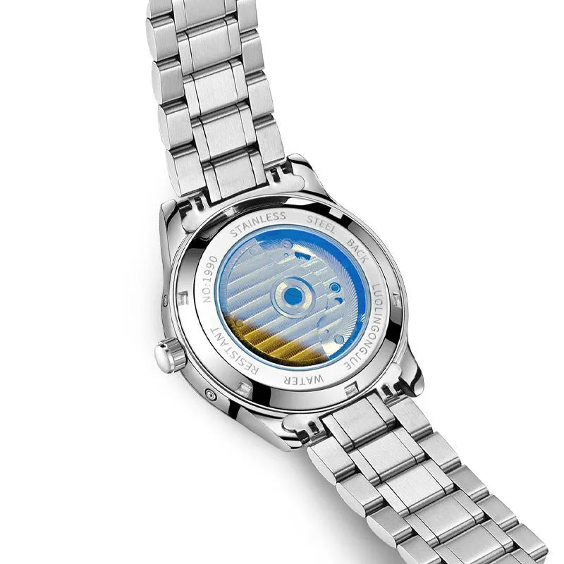 Men's stainless steel mechanical watch with sapphire crystal and leather strap for business wear