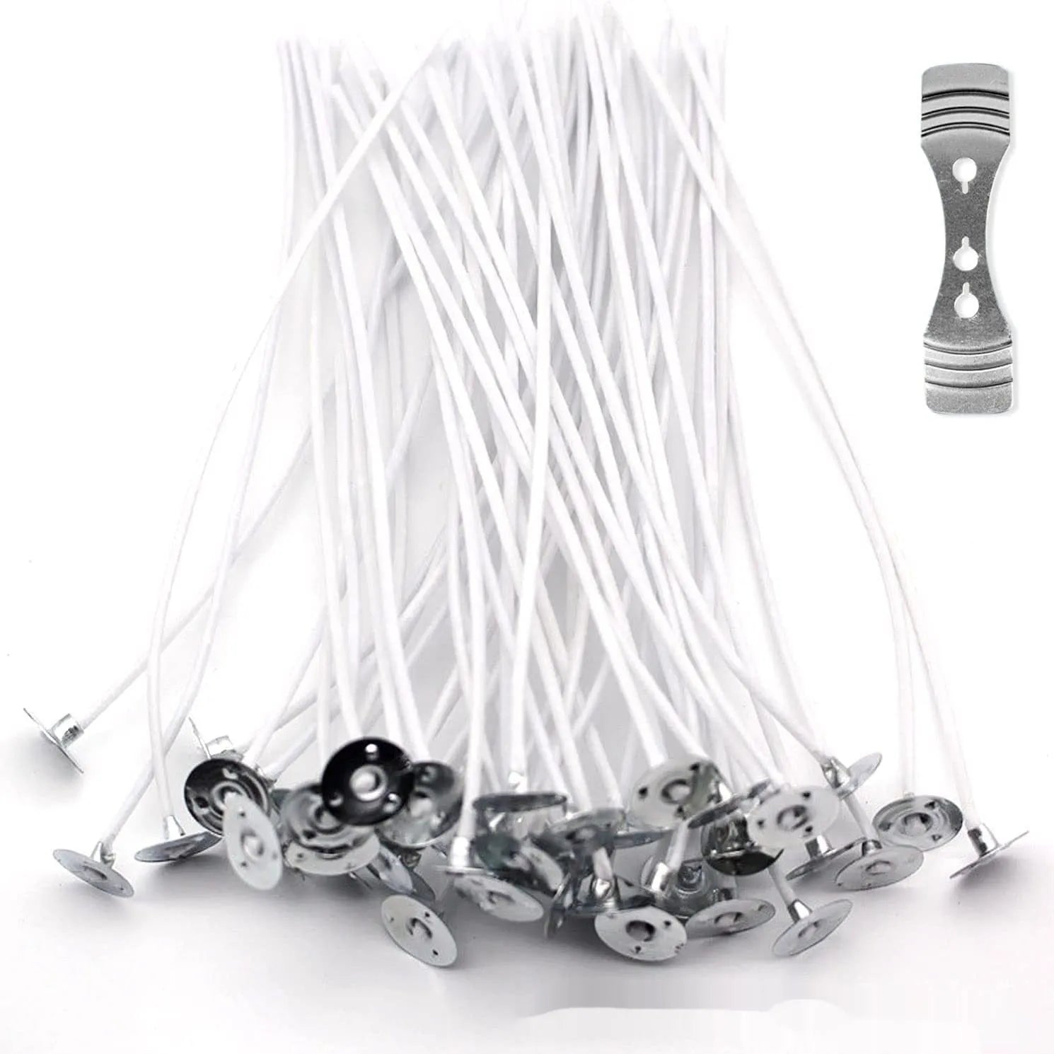 White cotton candle wicks for DIY candle making in lengths 2.6cm, 6cm, and 8cm.