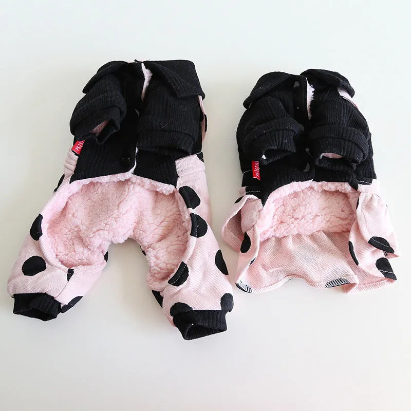 Lapel shoulder strap couple pet clothes set showing four-legged and skirt style options for dogs.