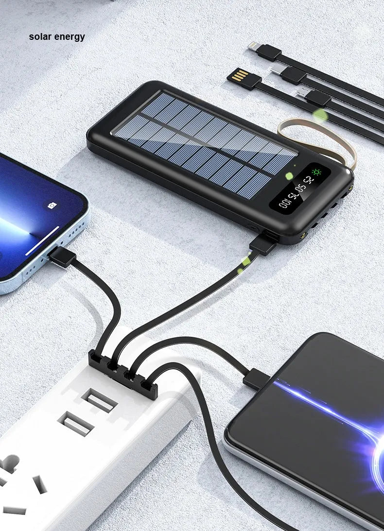 Black or white solar power bank with built-in panel showing capacity options of 20000mAh and 30000mAh.