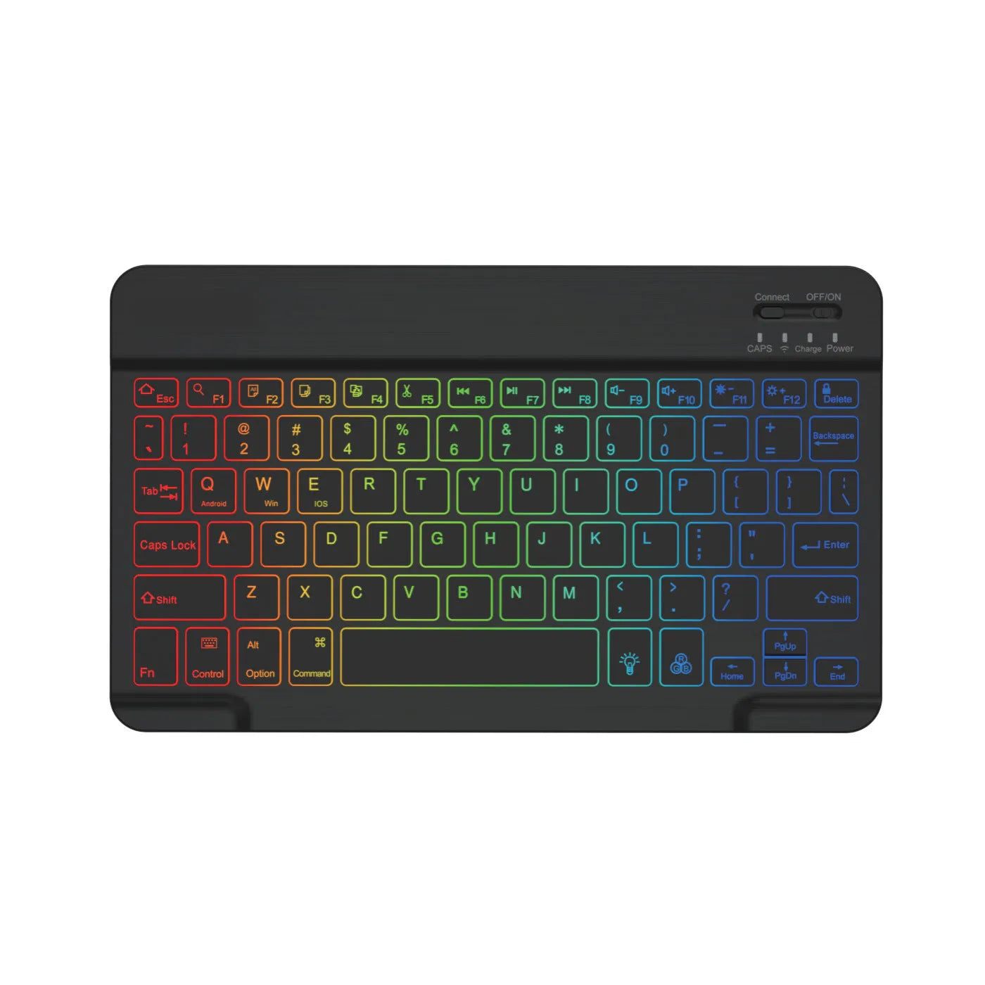 10-inch black Bluetooth keyboard with colourful blue backlighting, shown with a charging cable.