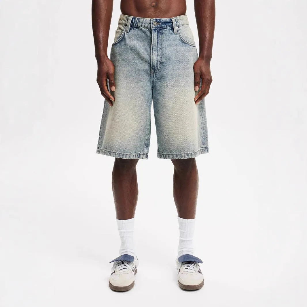 Men's loose straight-leg cotton jeans in light blue, black or grey for summer wear