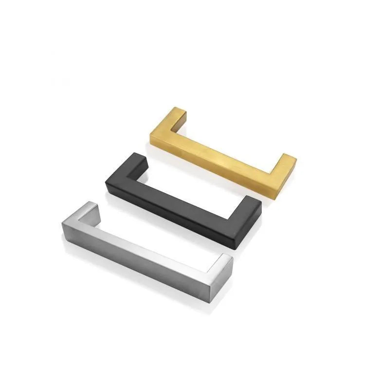 Stainless steel square pipe cabinet door handle in brushed silver, matte black, and brushed gold colours