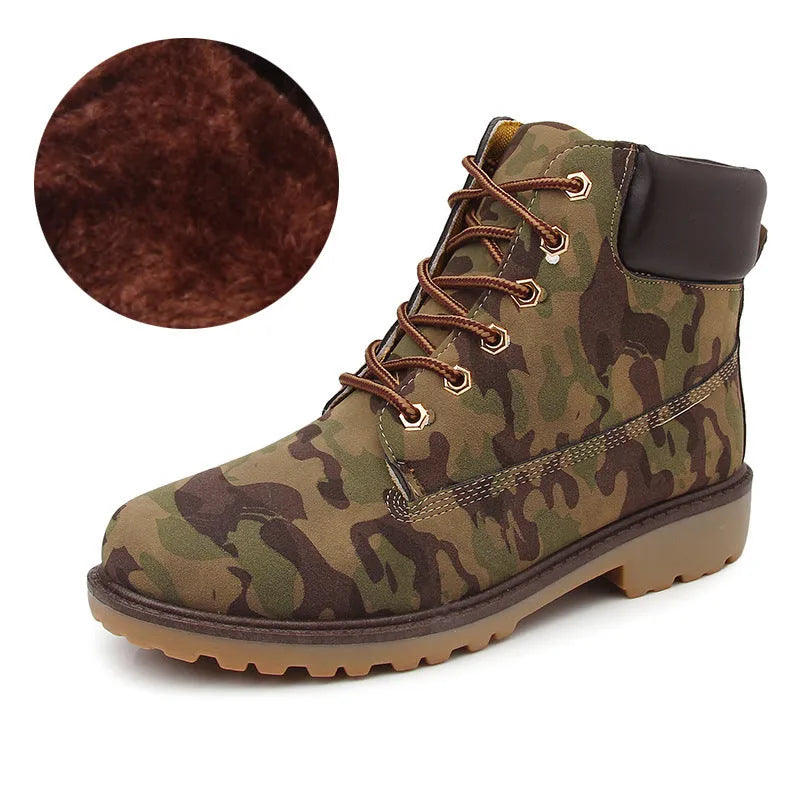 Men's pink Martin ankle boots with velvet lining, round toe, flat sole, and front lace-up closure.