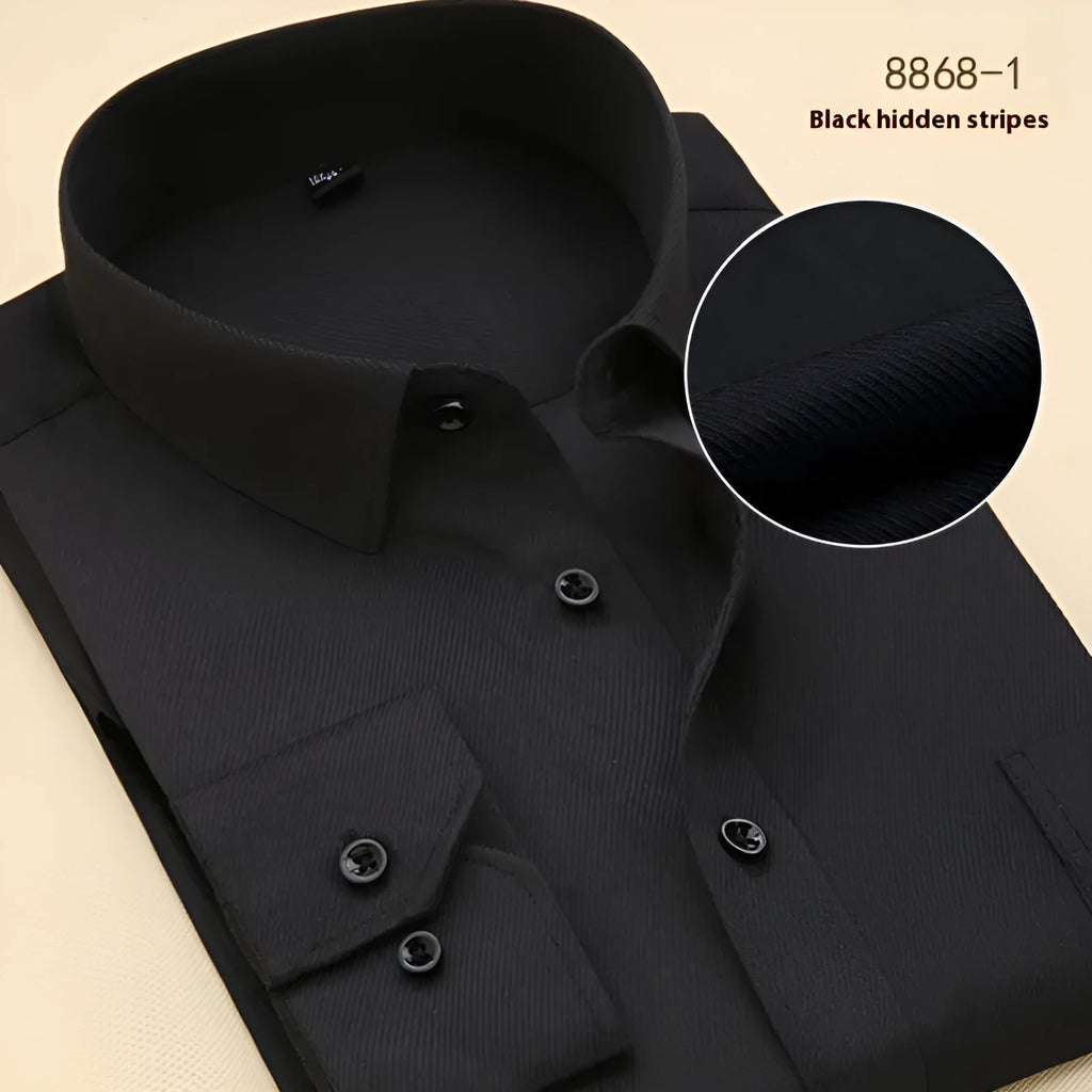 Men's black slim fit business shirt with long sleeves and cotton fabric