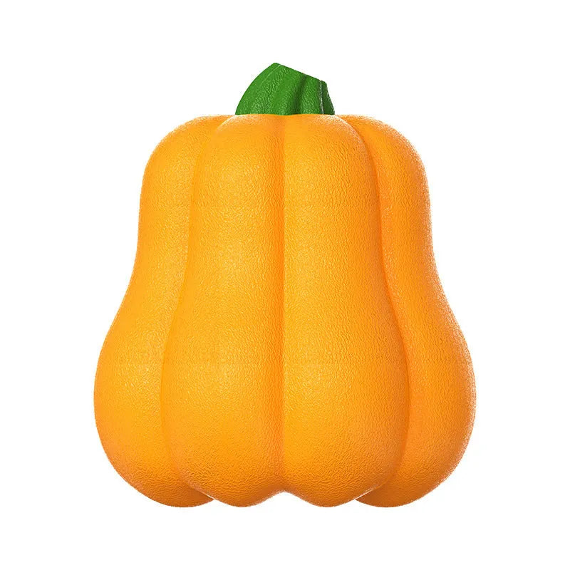 Pumpkin-shaped plastic molar dog toy with rope attached for outdoor chewing and fetch games