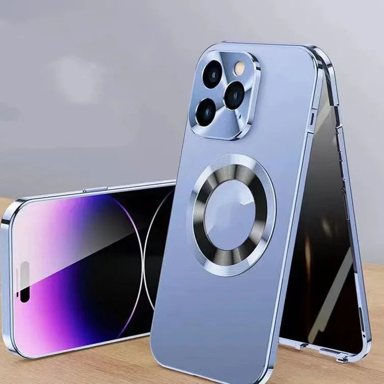 Magnetic anti-peep phone case for iPhone in black, blue, gold, purple, and silver colours.