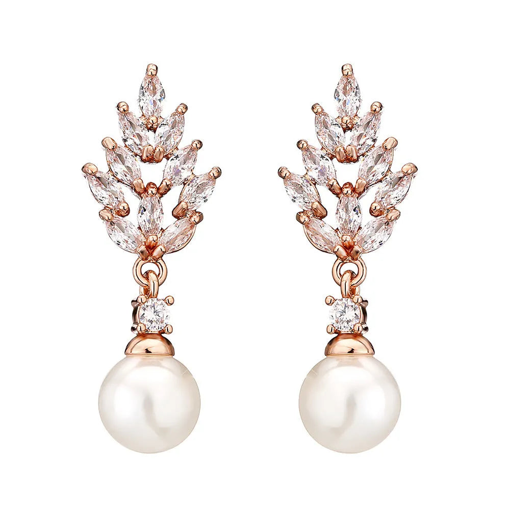 Geometric flower design women's earrings with pearl and micro-inlaid zircon stones in gold plating