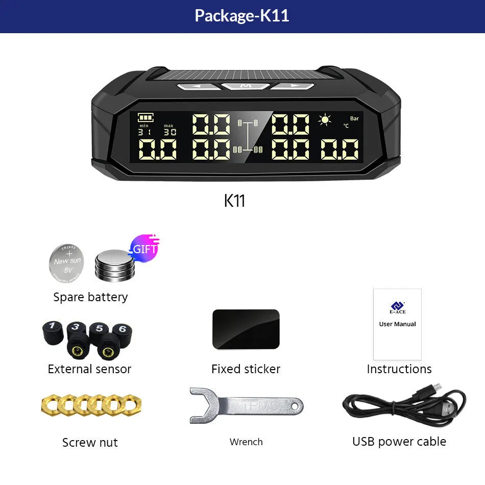 Solar external tyre pressure monitoring system with colour digital display for six-tyre vehicles