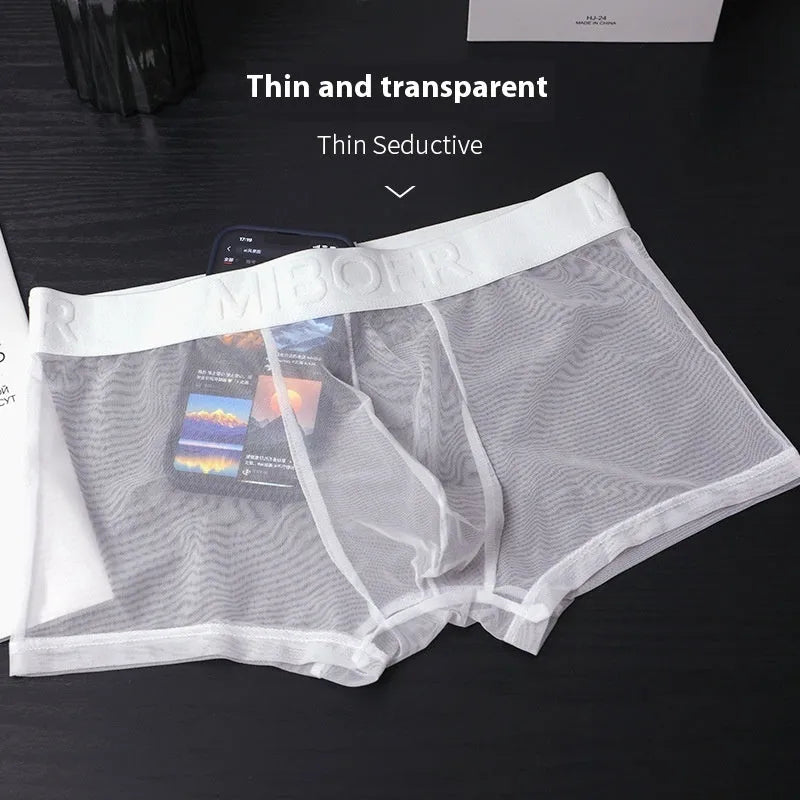 Men's thin invisible breathable boxer shorts in six colour options showing quick-dry polyester fabric construction
