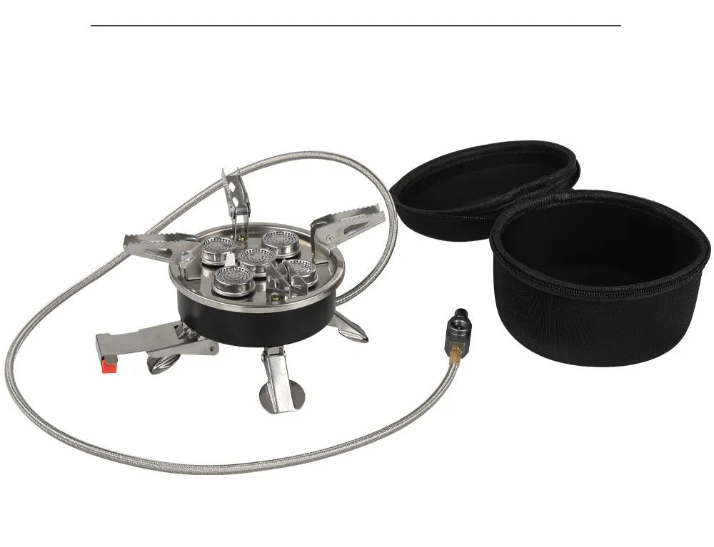 Silver portable split camping stove with extended hose shown folded and unfolded for outdoor cooking