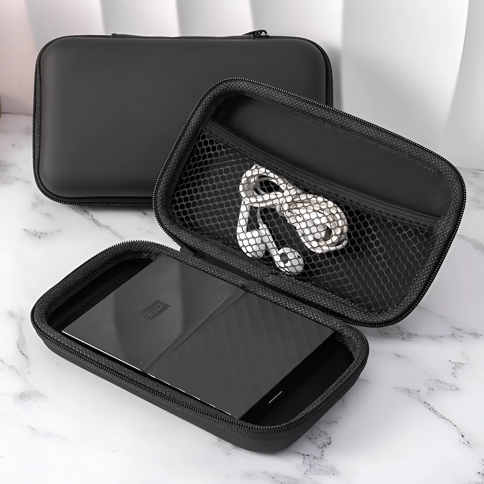 Black EVA PU waterproof storage bag for headset and cables with cold press forming