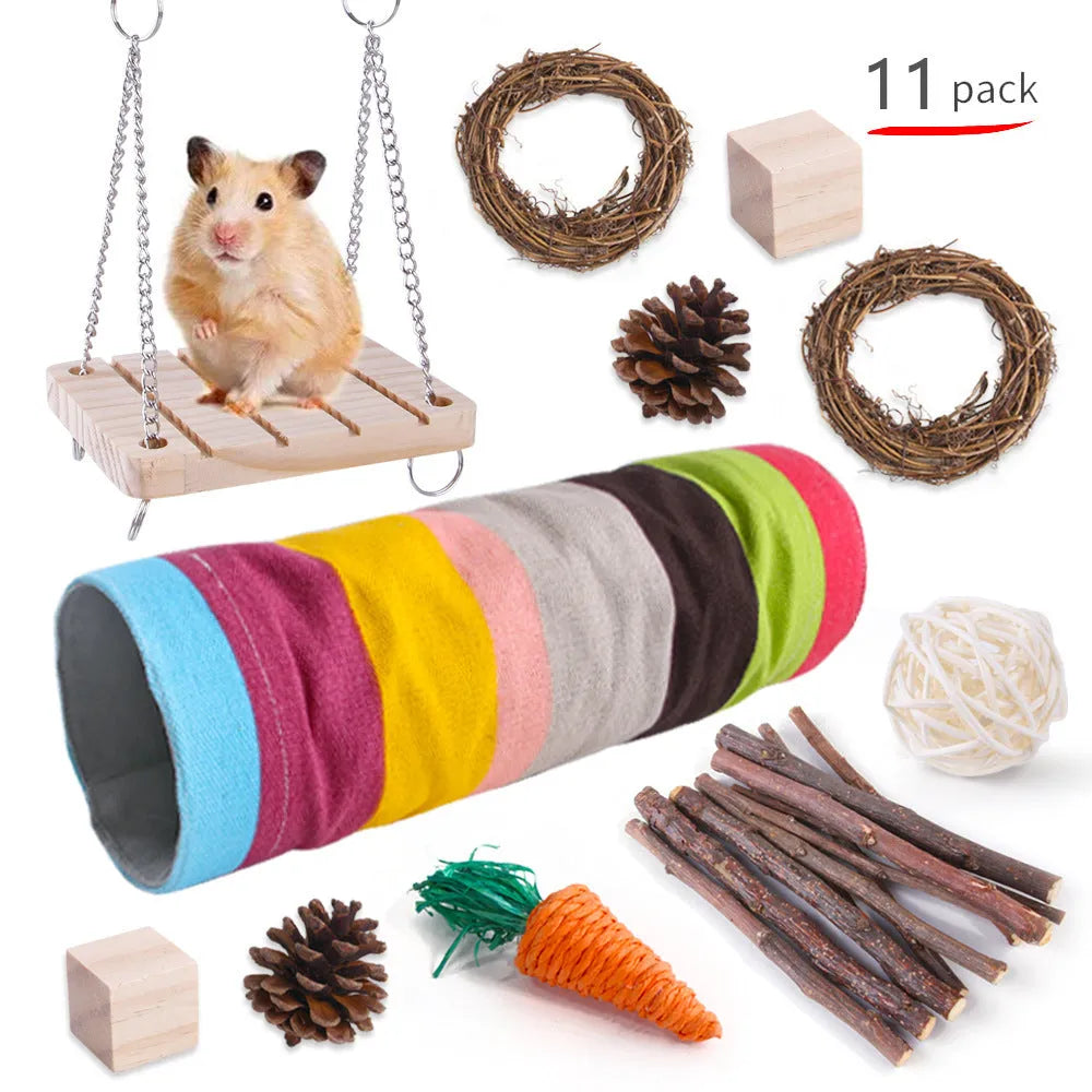 Assortment of wooden pet toys for rabbits guinea pigs and parrots in a set