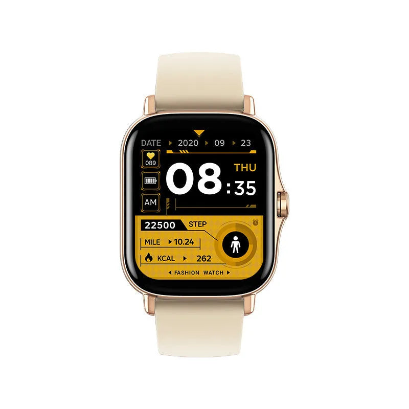 GT20 black alloy smartwatch with silicone strap showing heart rate monitoring on screen