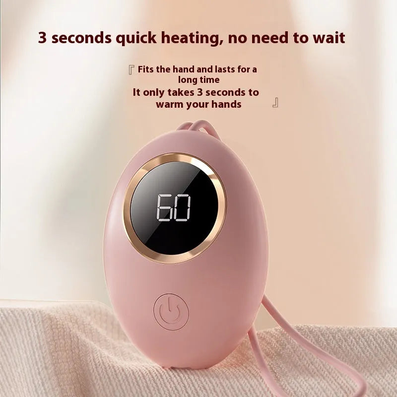 USB-powered hand warmer with digital display in six colour options including blue, green, pink and white finishes