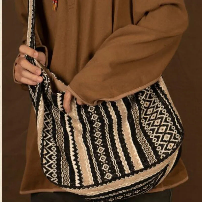 Vintage jacquard striped corduroy messenger bag with adjustable plaid strap and zippered closure