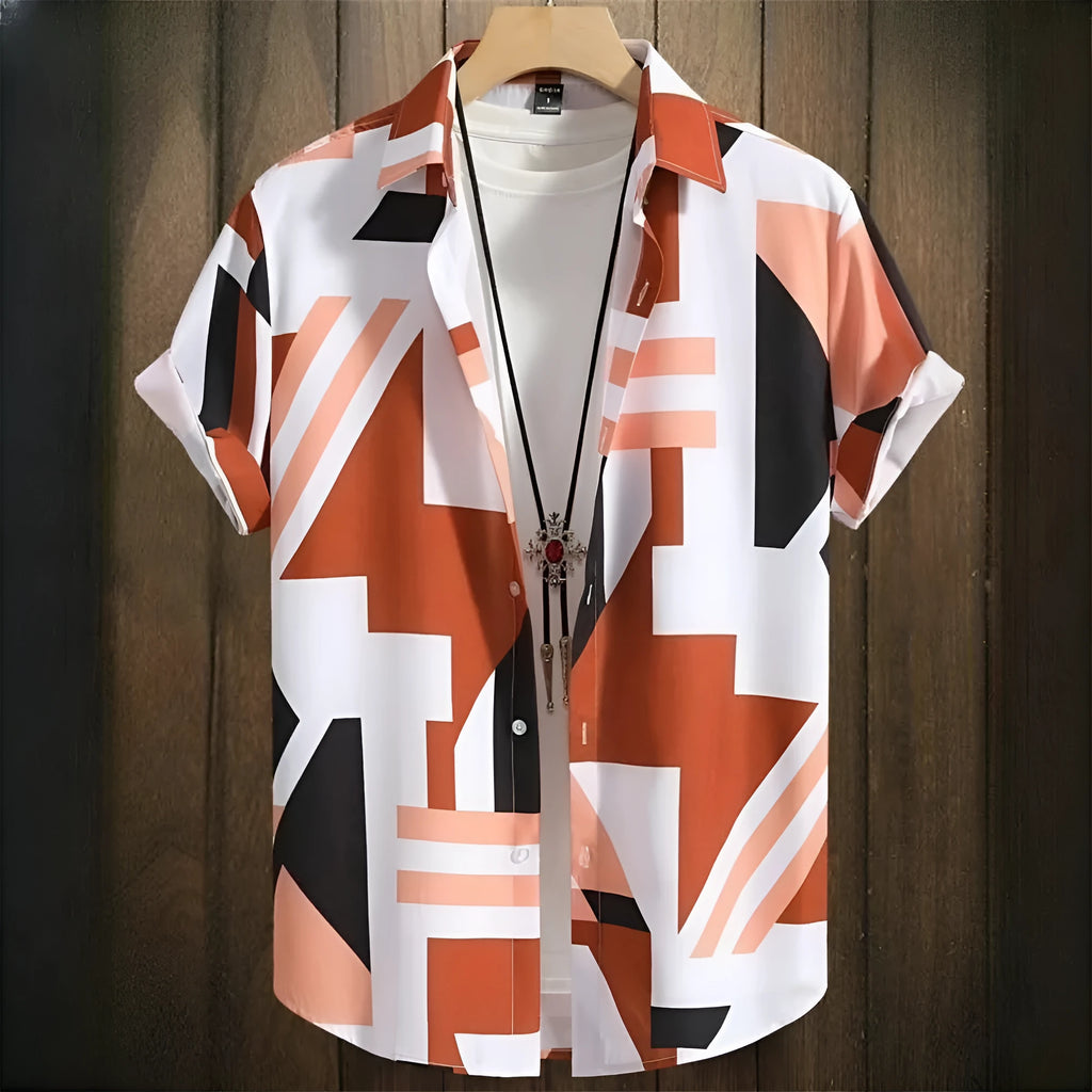 Men's loose fit camouflage pattern short sleeve cardigan shirt on a hanger.