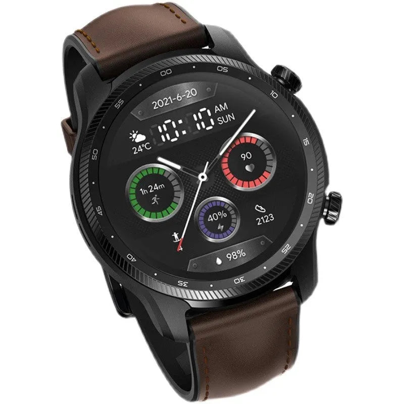 Ticwatch Pro X 47mm black smart watch with round dual-layer display on a wrist.