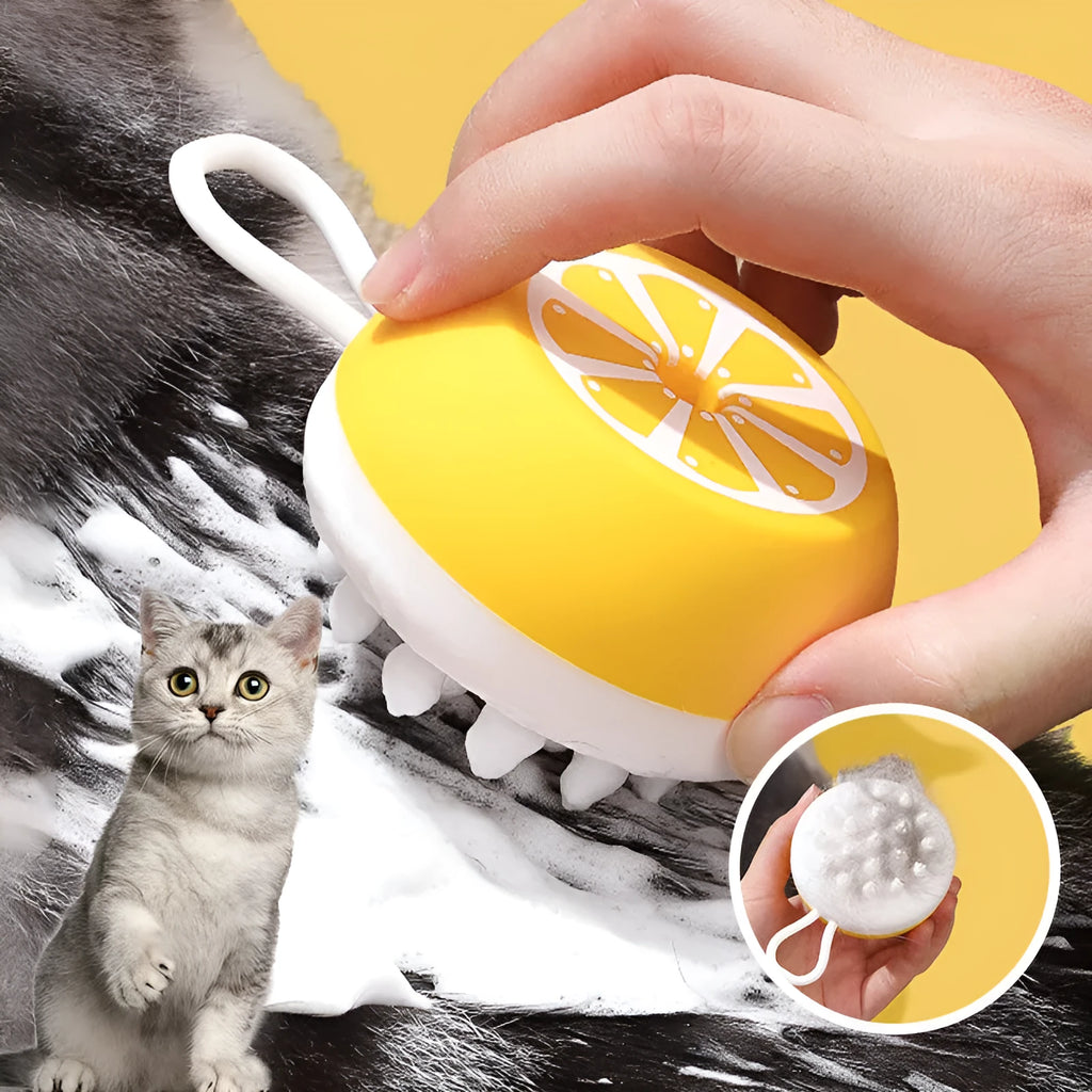 Yellow silicone pet bath brush with massage head and comb functions for dog grooming