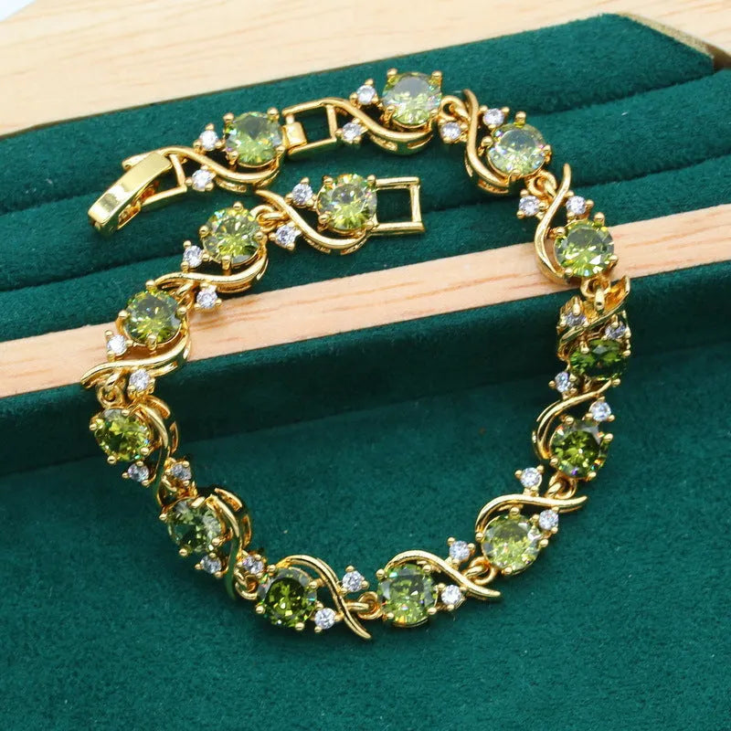 Full rhinestone zircon women's jewellery suit set with necklace, earrings, and ring in olive green or red.
